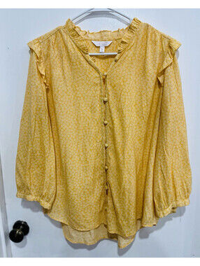 LC Lauren Conrad Women’s XL Yellow/White Polka Dot V-Neck Ruffle Button Blouse